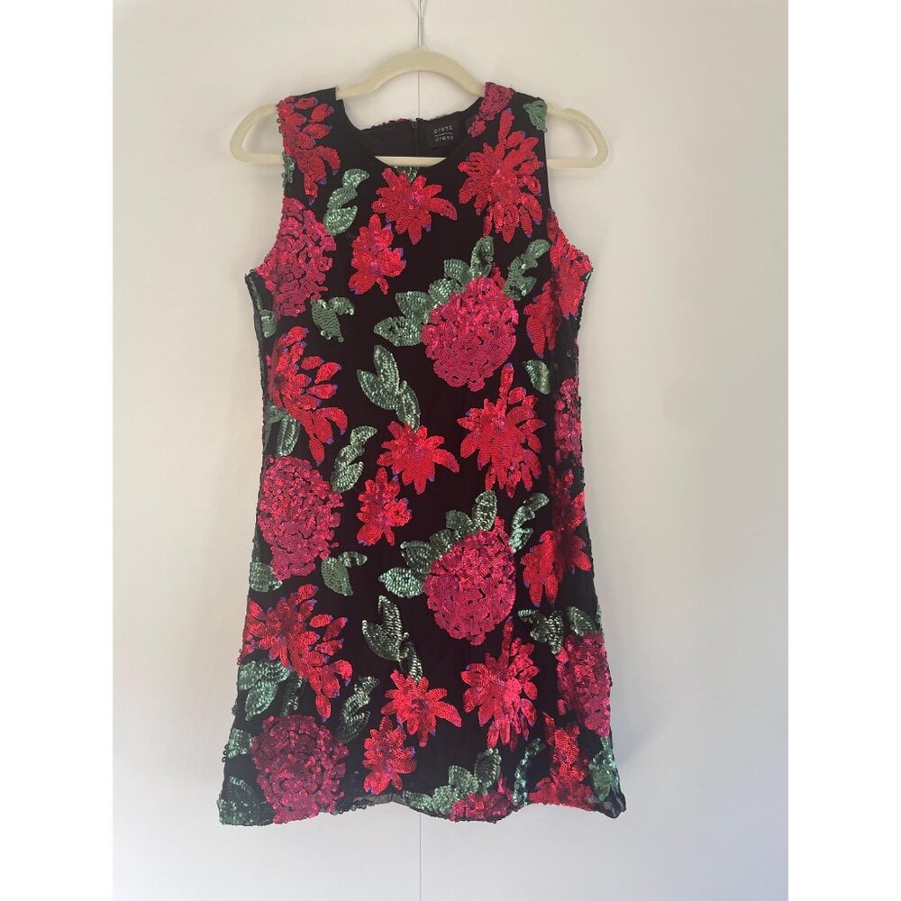 Short Floral Dress with Sequins, Size S/M, Black Dress with Red Flowers